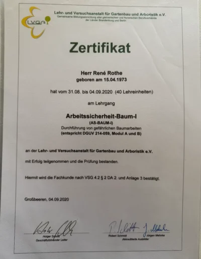 Zertifikat von Baumpflege Rothe über die erfolgreiche Teilnahme am Lehrgang Arbeitssicherheit-Baum I (AS-Baum I)