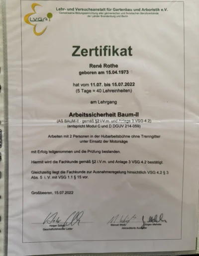 Zertifikat von Baumpflege Rothe über die erfolgreiche Teilnahme am Lehrgang Arbeitssicherheit-Baum II (AS-Baum II)