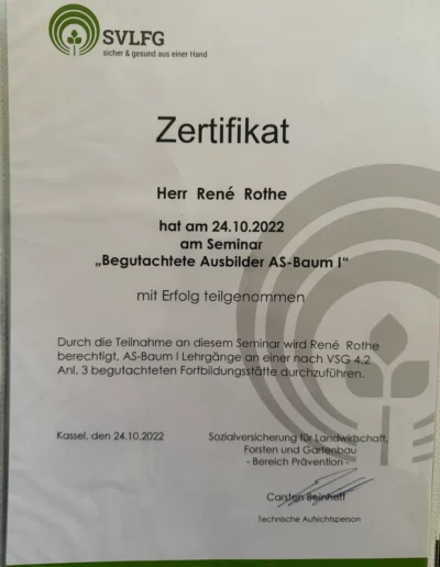 Zertifikat von Baumpflege Rothe zur erfolgreichen Teilnahme am Seminar „Begutachtete Ausbilder AS-Baum I“