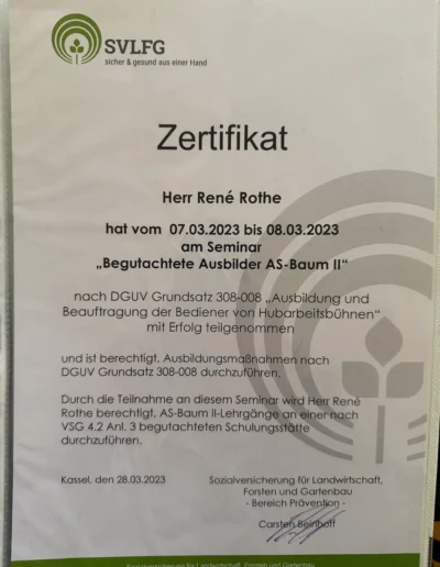 Zertifikat von Baumpflege Rothe zur erfolgreichen Teilnahme am Seminar „Begutachtete Ausbilder AS-Baum II“
