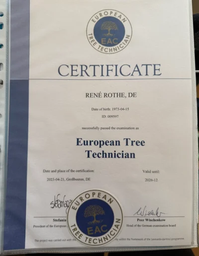 Zertifikat von Baumpflege Rothe über die erfolgreich bestandene Ausbildung zum European Tree Technician (ETT)