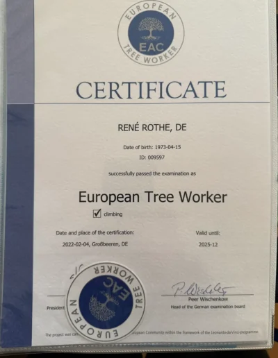 Zertifikat von Baumpflege Rothe über die erfolgreich bestandene Ausbildung zum European Tree Worker (ETW)