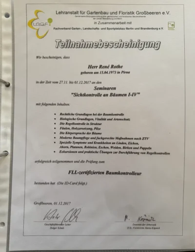Zertifikat von René Rothe über die bestandene Prüfung zum FLL-zertifizierten Baumkontrolleur