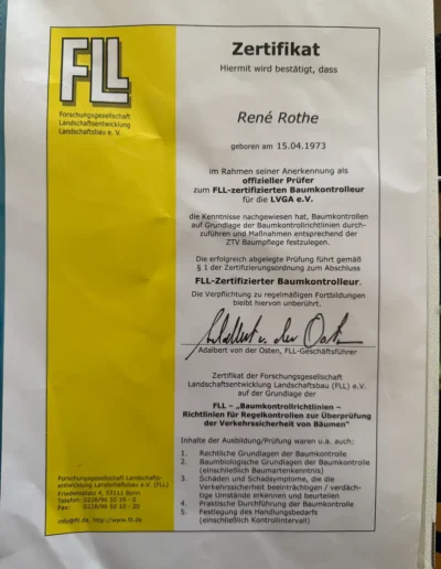 Zertifikat der FLL über die Anerkennung von René Rothe als offizieller Prüfer für FLL-zertifizierte Baumkontrolleure
