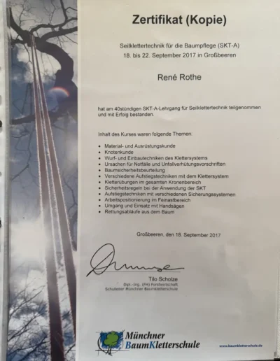 Zertifikat von René Rothe über die erfolgreich bestandene 40-stündige Ausbildung in Seilklettertechnik für die Baumpflege (SKT-A)