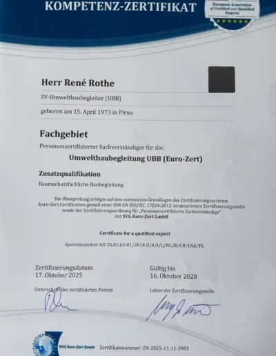 Zertifikat von Baumpflege Rothe als personenzertifizierter Umweltbaubegleiter (UBB) und für baumschutzfachliche Baubegleitung